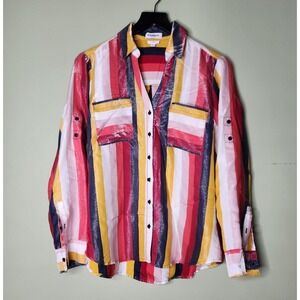 Express Portofino Button Up Shirt Slim Striped Multicolor Roll Tab Shiny Medium